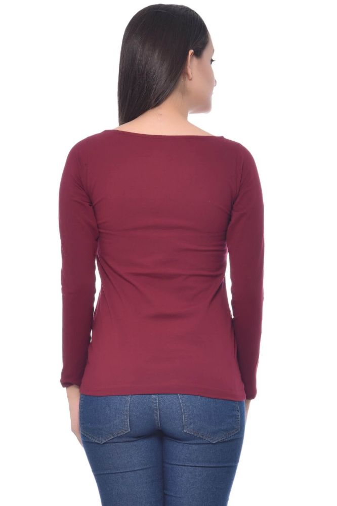 Picture of Frenchtrendz Cotton Spandex Dark Maroon Boat Neck Full Sleeve Top