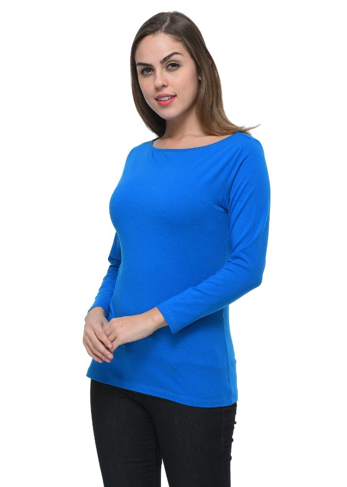Picture of Frenchtrendz Cotton Spandex Royal Blue Boat Neck Full Sleeve Top