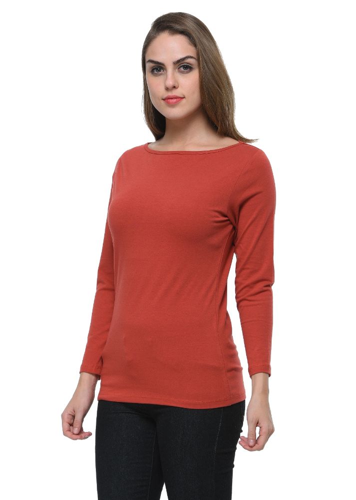 Picture of Frenchtrendz Cotton Spandex Dark Rust Boat Neck Full Sleeve Top