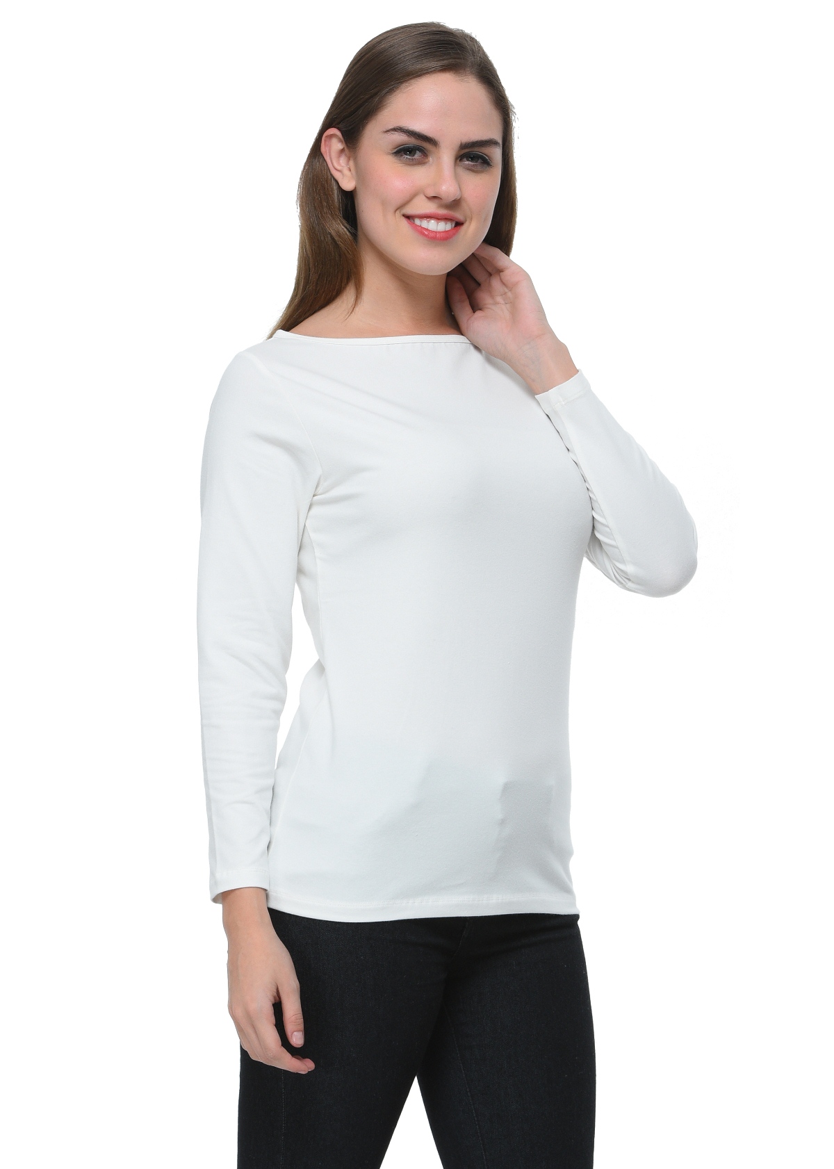 Frenchtrendz Cotton Spandex Ivory Boat Neck Full Sleeve Top