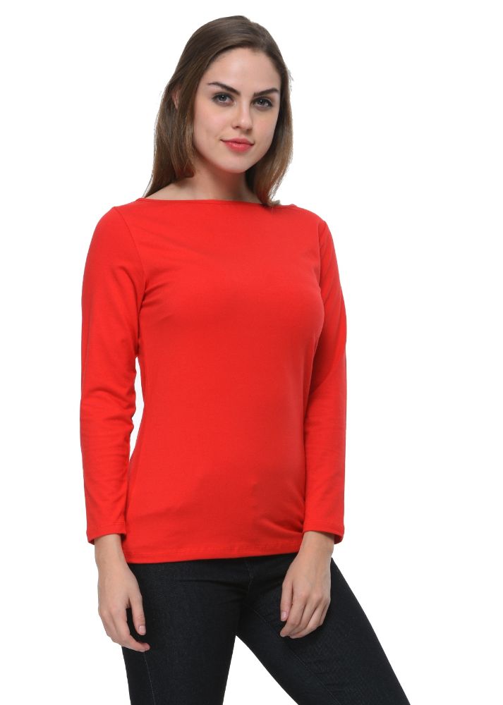 Picture of Frenchtrendz Cotton Spandex Red Boat Neck Full Sleeve Top