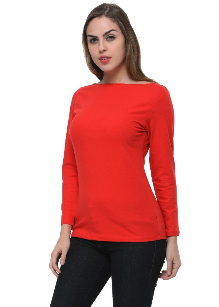 Picture of Frenchtrendz Cotton Spandex Red Boat Neck Full Sleeve Top