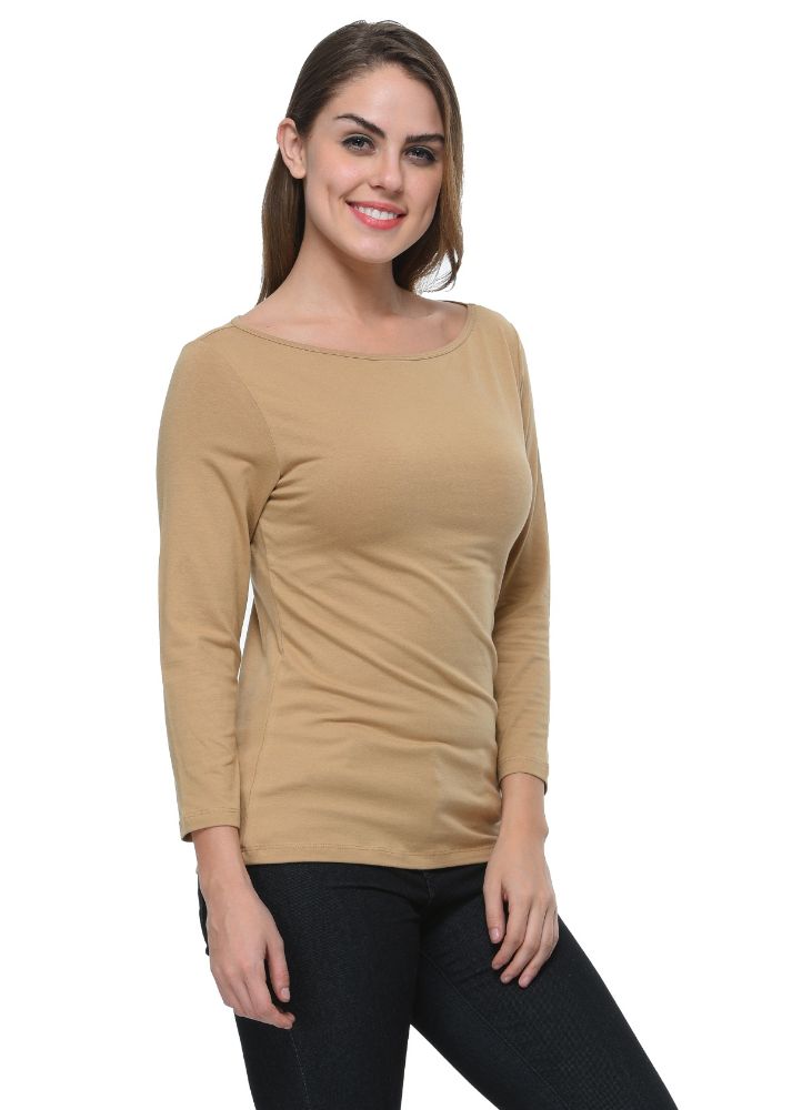 Picture of Frenchtrendz Cotton Spandex Beige Boat Neck Full Sleeve Top
