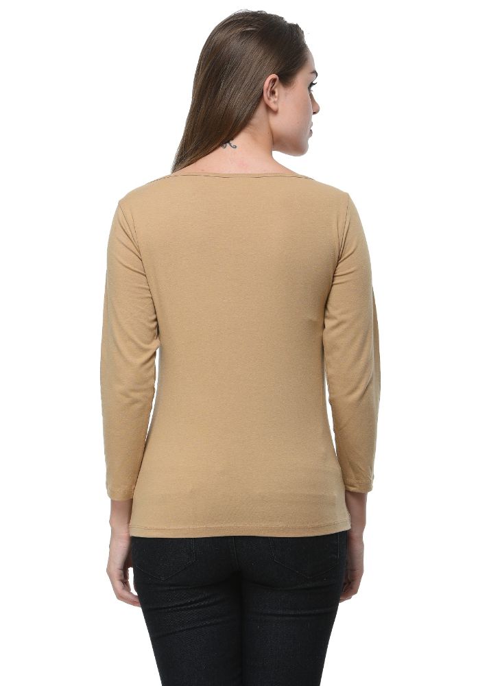 Picture of Frenchtrendz Cotton Spandex Beige Boat Neck Full Sleeve Top
