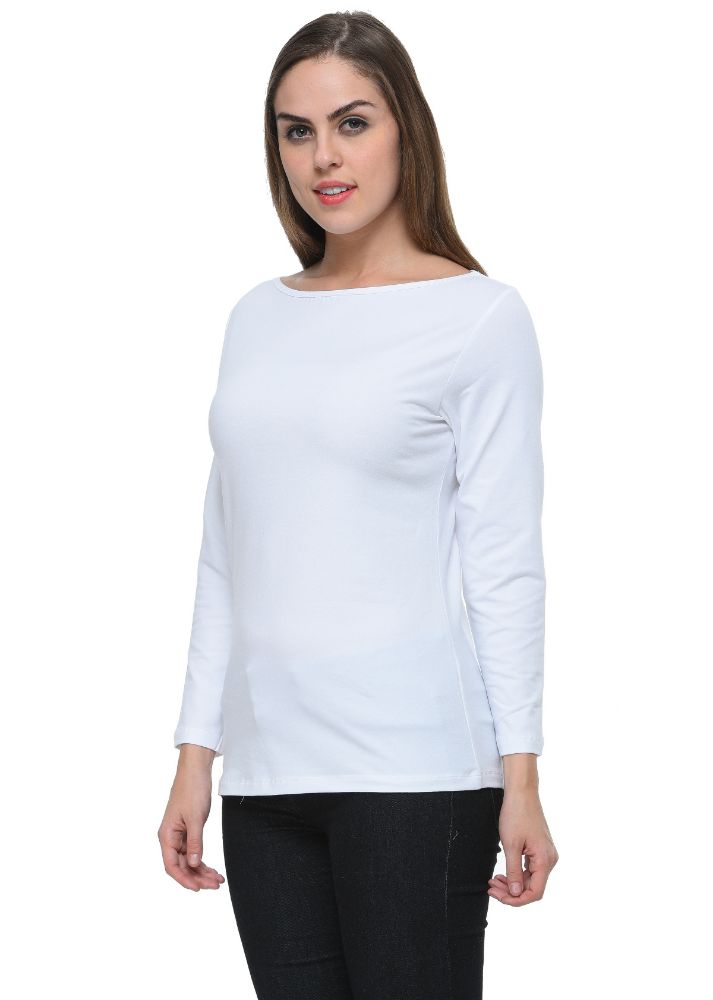 Picture of Frenchtrendz Cotton Spandex White Boat Neck Full Sleeve Top