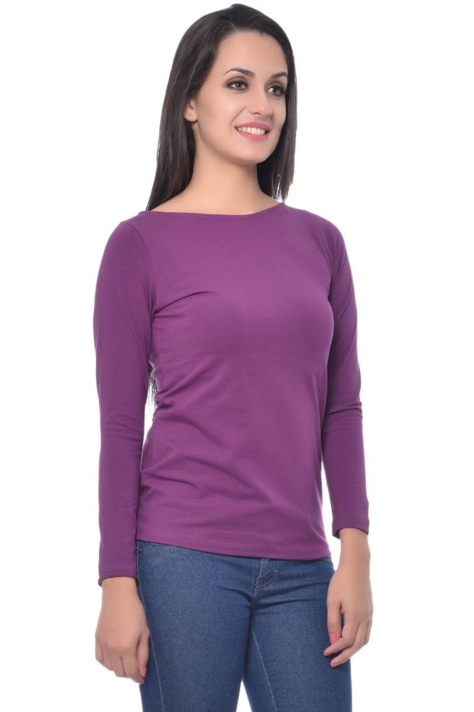 Picture of Frenchtrendz Cotton Spandex Dark Purple Boat Neck Full Sleeve Top