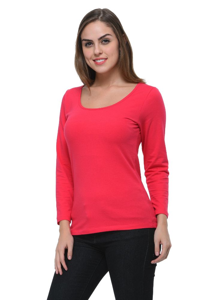 Picture of Frenchtrendz Cotton Spandex Dark Pink Scoop Neck Full Sleeve Top