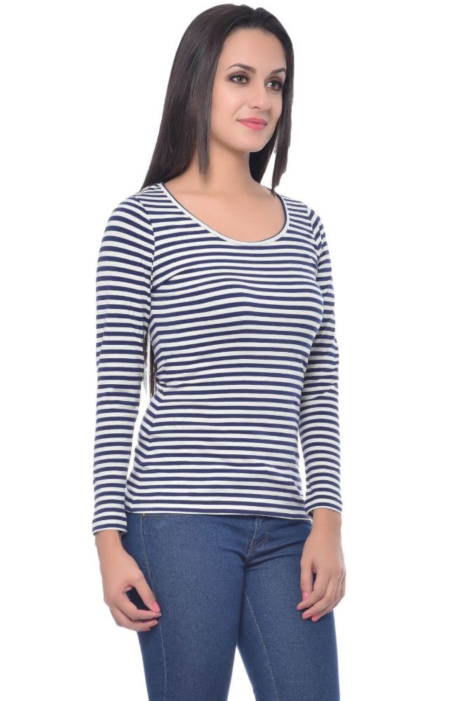 Picture of Frenchtrendz Cotton Spandex Navy White Scoop Neck Full Sleeve Top
