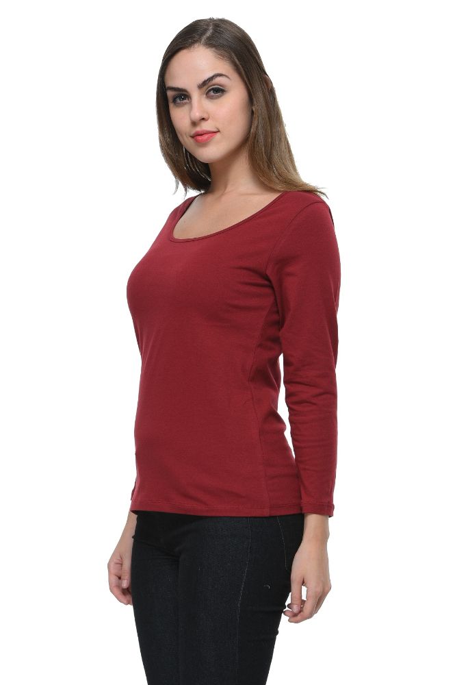 Picture of Frenchtrendz Cotton Spandex Dark Maroon Scoop Neck Full Sleeve Top
