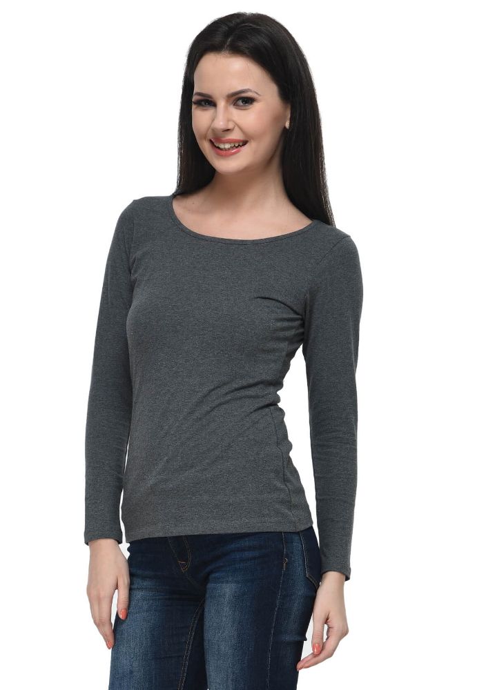 Picture of Frenchtrendz Cotton Spandex Grey Bateu Neck Full Sleeve Top
