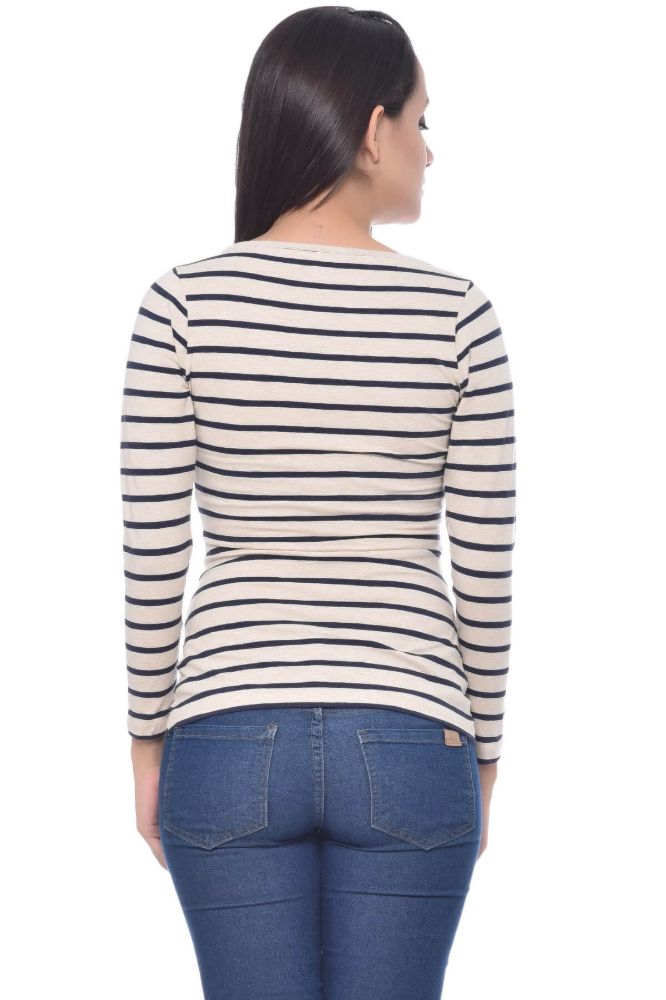 Picture of Frenchtrendz Cotton Spandex Oatmeal Navy Bateu Neck Full Sleeve Top