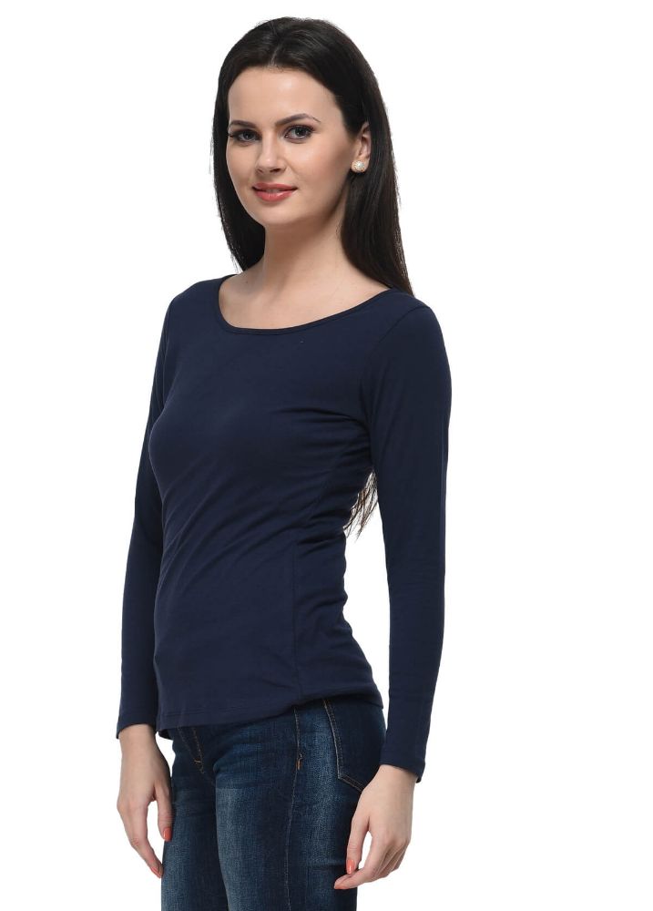 Picture of Frenchtrendz Cotton Spandex Navy Bateu Neck Full Sleeve Top