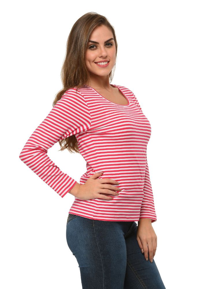 Picture of Frenchtrendz Cotton Spandex Pink White Bateu Neck Full Sleeve Top
