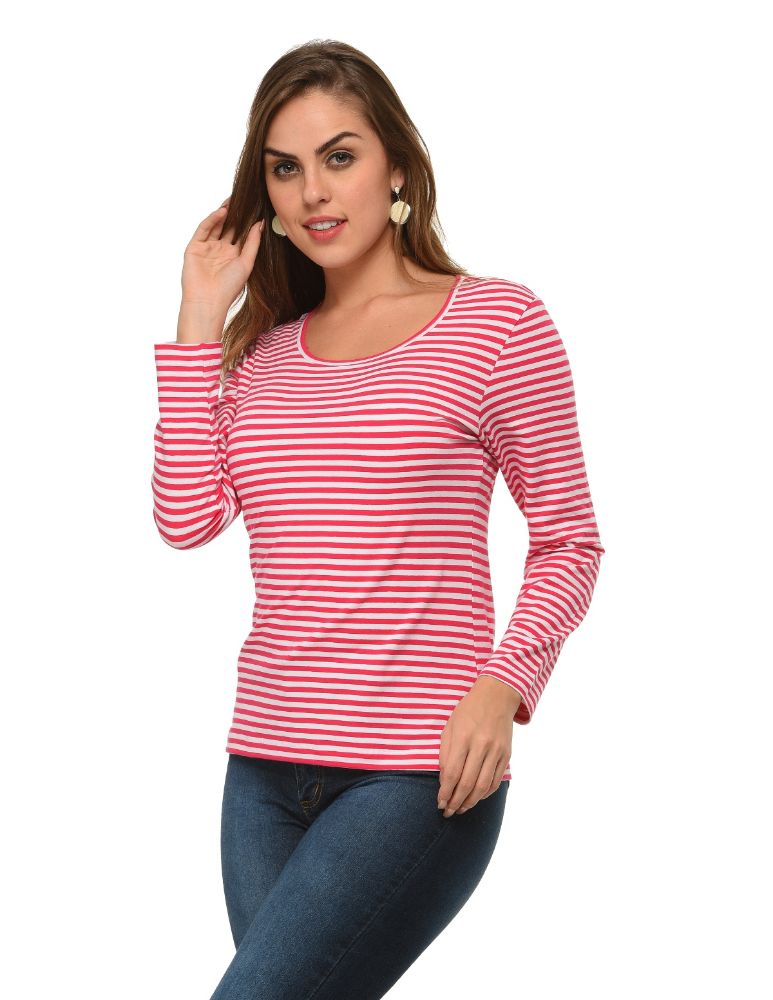 Picture of Frenchtrendz Cotton Spandex Pink White Bateu Neck Full Sleeve Top