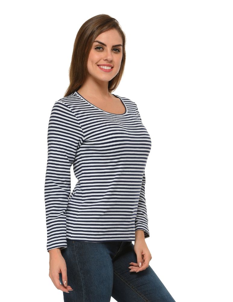 Picture of Frenchtrendz Cotton Spandex Navy White Bateu Neck Full Sleeve Top