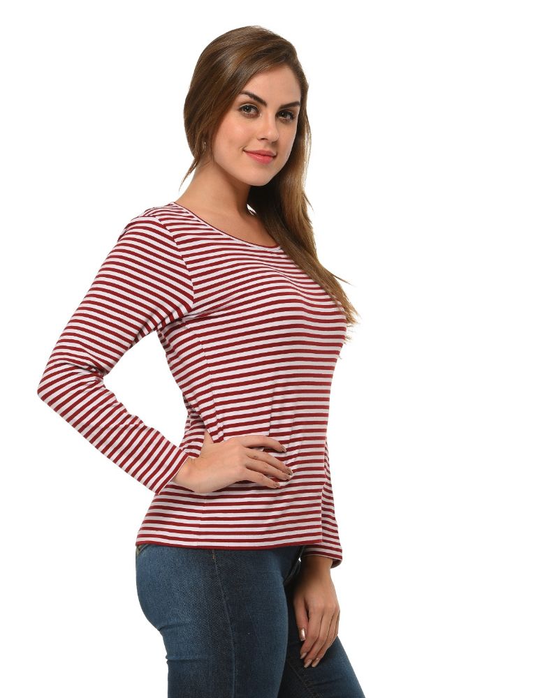 Picture of Frenchtrendz Cotton Spandex Maroon White Bateu Neck Full Sleeve Top