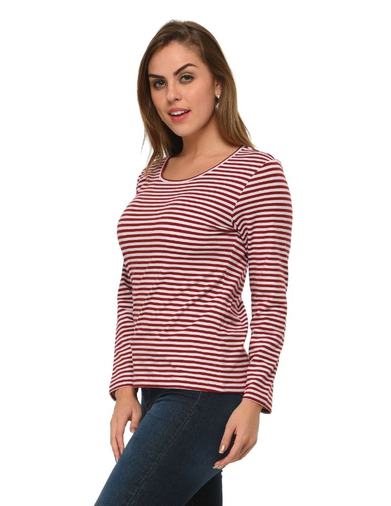 Picture of Frenchtrendz Cotton Spandex Maroon White Bateu Neck Full Sleeve Top