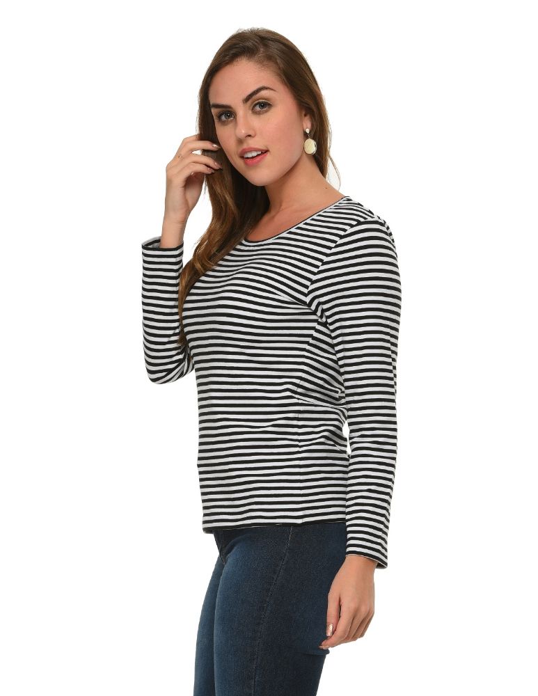 Picture of Frenchtrendz Cotton Spandex Black White Bateu Neck Full Sleeve Top
