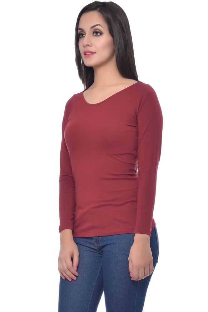 Picture of Frenchtrendz Cotton Spandex Dark Maroon Bateu Neck Full Sleeve Top