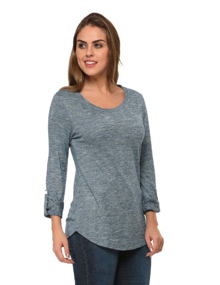 Picture of Frenchtrendz Grindle Blue Round Neck Roll Up Sleeve Top
