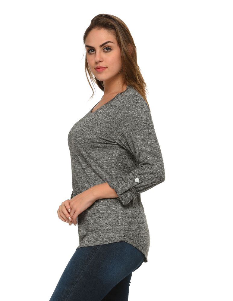Picture of Frenchtrendz Grindle Black Round Neck, Roll Up Sleeve Top