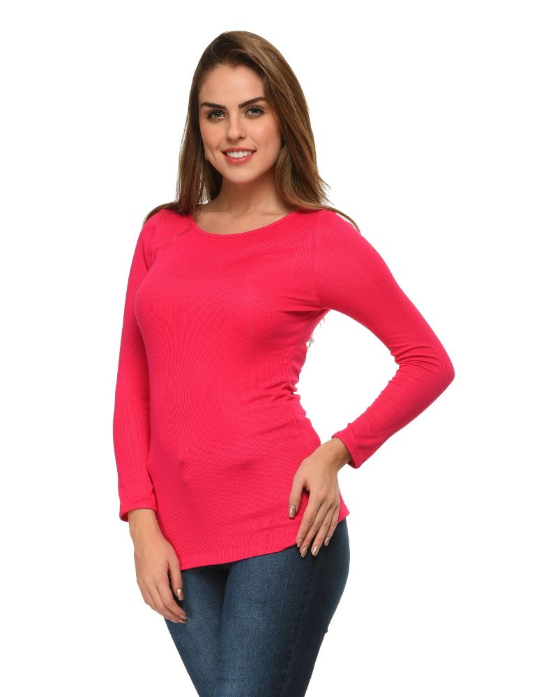 Picture of Frenchtrendz Bateau Neck Rib Viscose Pink Full Sleeves Tops
