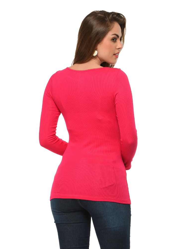 Picture of Frenchtrendz Bateau Neck Rib Viscose Pink Full Sleeves Tops