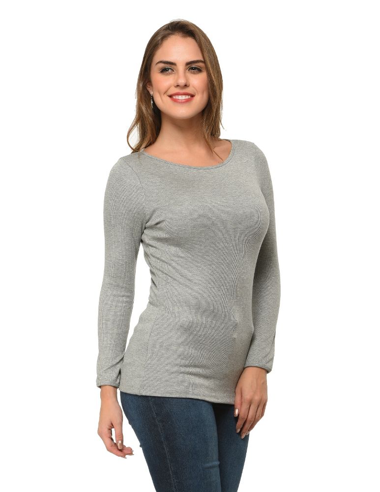Picture of Frenchtrendz Bateau Neck Rib Viscose Grey Full Sleeves Tops