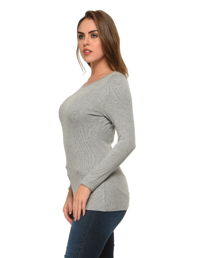 Picture of Frenchtrendz Bateau Neck Rib Viscose Grey Full Sleeves Tops