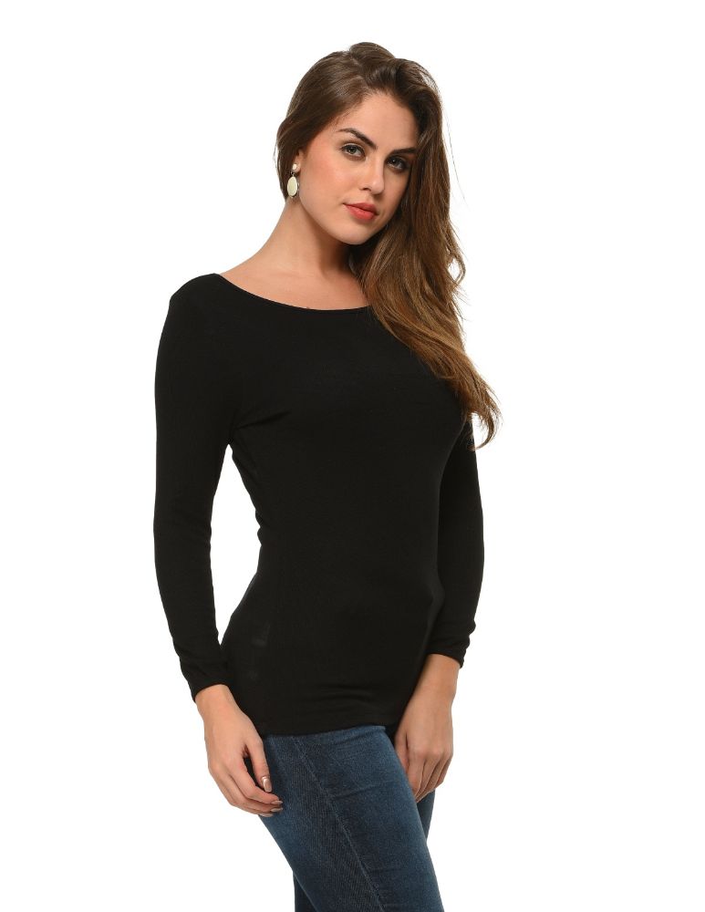 Picture of Frenchtrendz Bateau Neck Rib Viscose Black Full Sleeves Tops