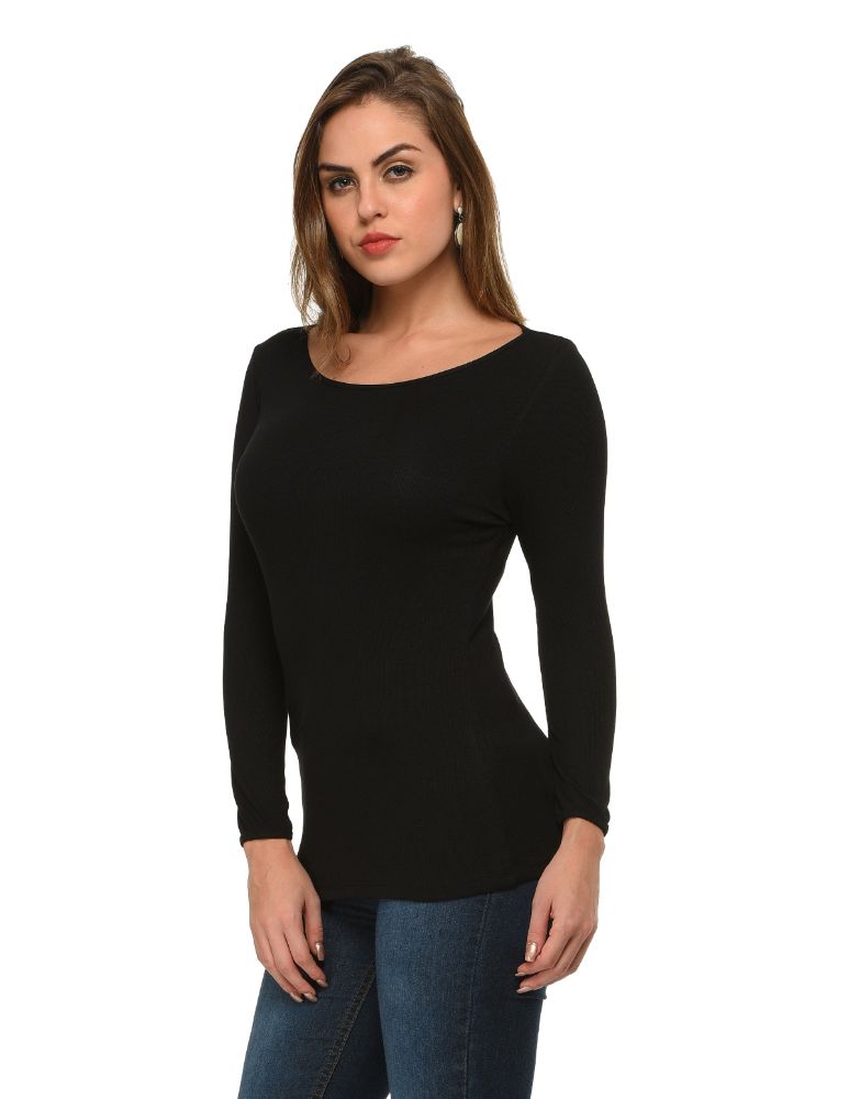 Picture of Frenchtrendz Bateau Neck Rib Viscose Black Full Sleeves Tops