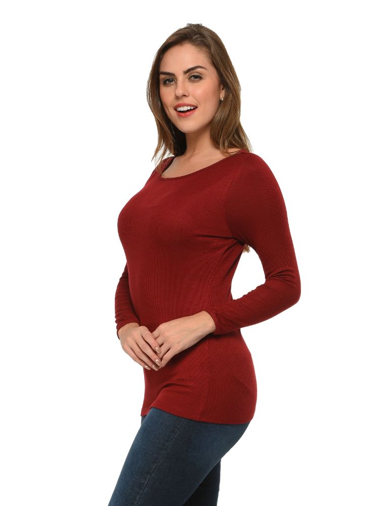 Picture of Frenchtrendz Bateau Neck Rib Viscose Dark Maroon Full Sleeves Tops