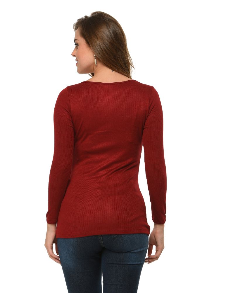 Picture of Frenchtrendz Bateau Neck Rib Viscose Dark Maroon Full Sleeves Tops