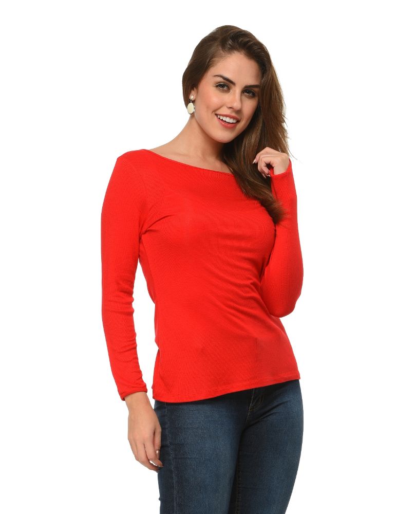 Picture of Frenchtrendz Bateau Neck Rib Viscose Red Full Sleeves Tops
