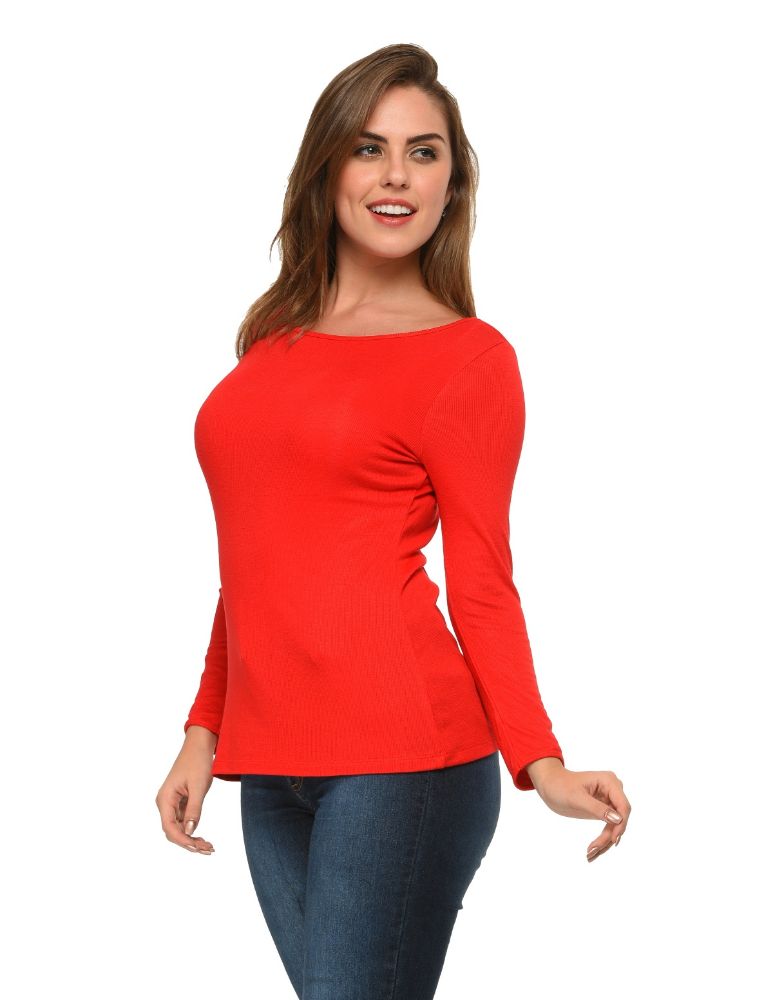 Picture of Frenchtrendz Bateau Neck Rib Viscose Red Full Sleeves Tops