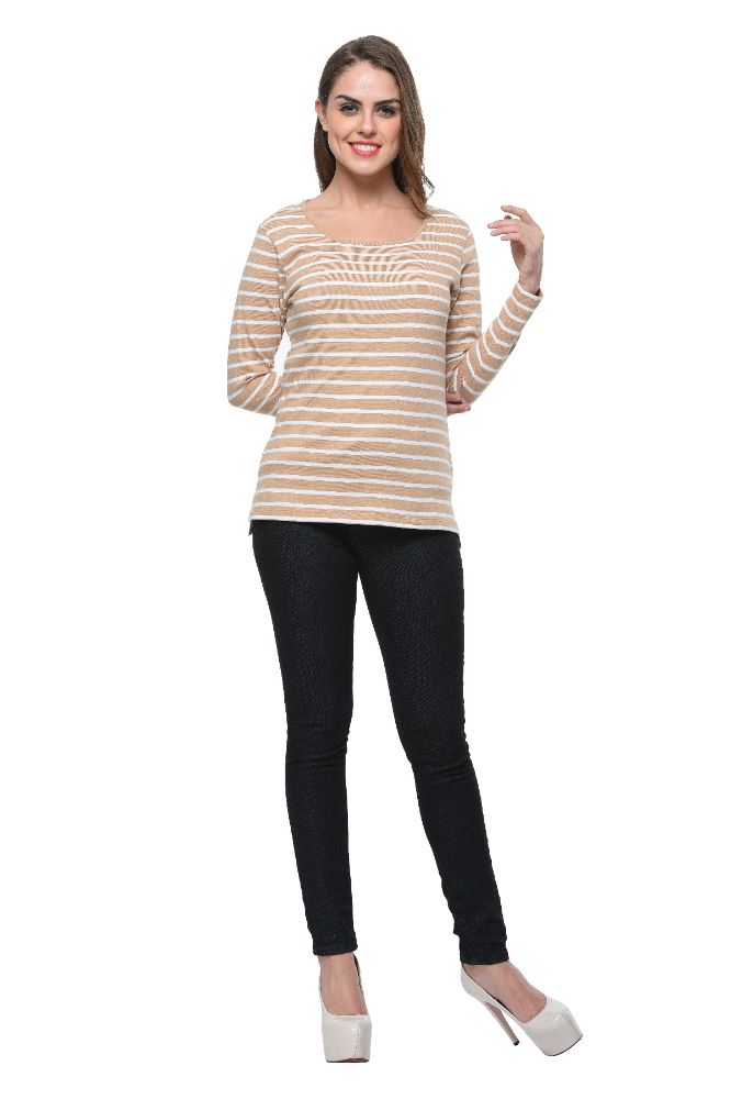 Picture of Frenchtrendz Cotton Bamboo Beige White Bateu Neck Strip Tops