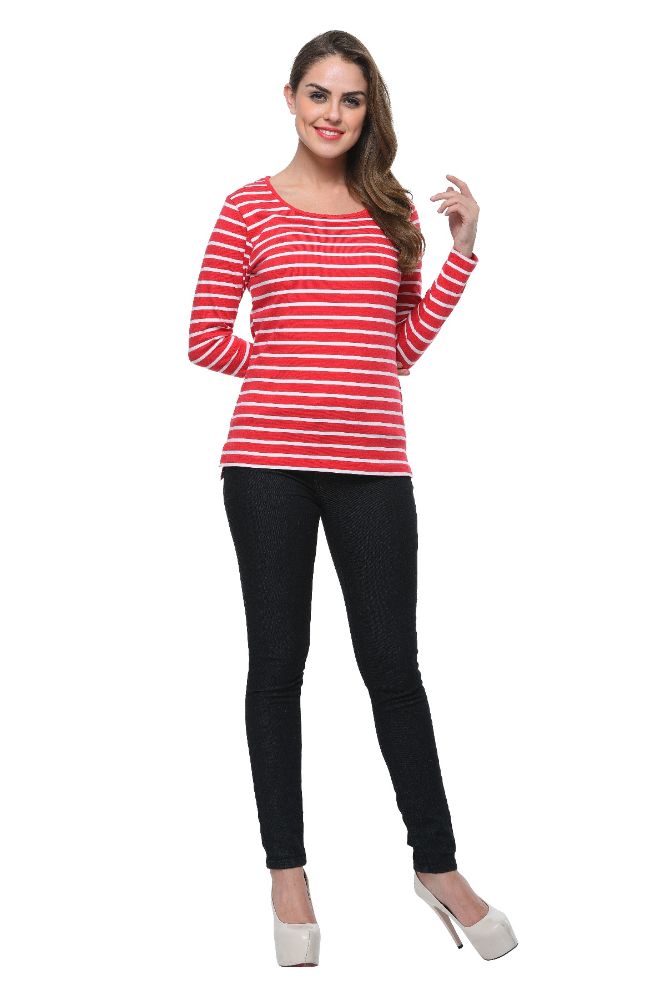 Picture of Frenchtrendz Cotton Bamboo Pink White Bateu Neck Strip Tops