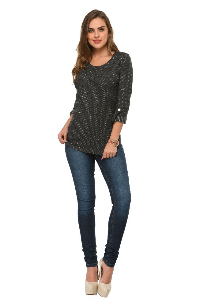 Picture of Frenchtrendz Cotton Poly Black Polka Dot Roll-Up Sleeve Tops