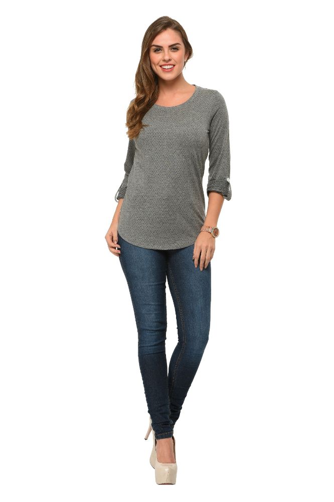 Picture of Frenchtrendz Cotton Poly Grey Polka Dot Roll-Up Sleeve Tops