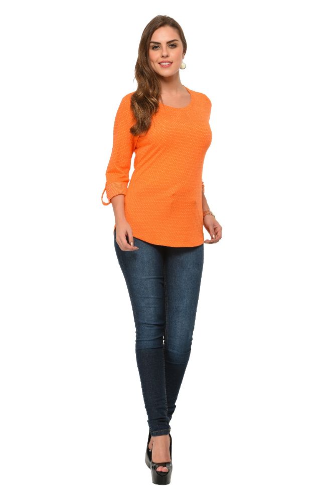 Picture of Frenchtrendz Cotton Poly Orange Polka Dot Roll-Up Sleeve Tops
