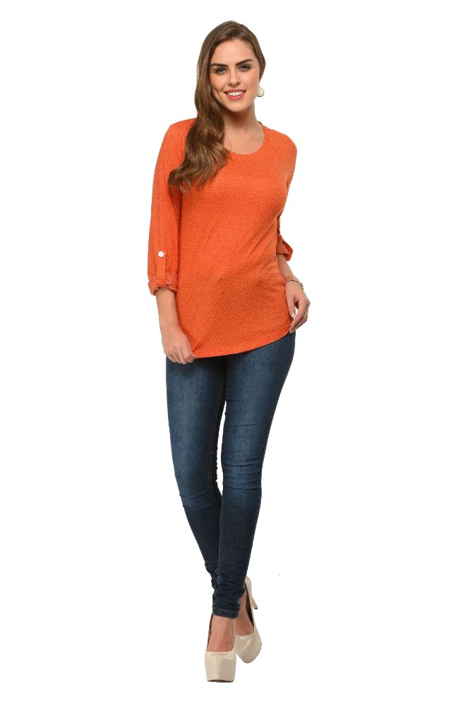 Picture of Frenchtrendz Cotton Poly Rust Polka Dot Roll-Up Sleeve Tops