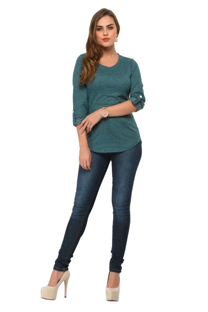 Picture of Frenchtrendz Cotton Poly Turq Polka Dot Roll-Up Sleeve Tops