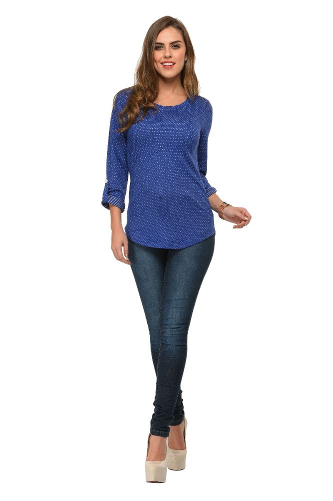 Picture of Frenchtrendz Cotton Poly Ink Blue Polka Dot Roll-Up Sleeve Tops