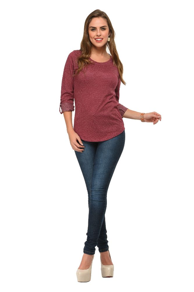 Picture of Frenchtrendz Cotton Poly Dark Maroon Polka Dot Roll-Up Sleeve Tops