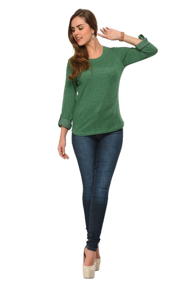 Picture of Frenchtrendz Cotton Poly Green Polka Dot Roll-Up Sleeve Tops