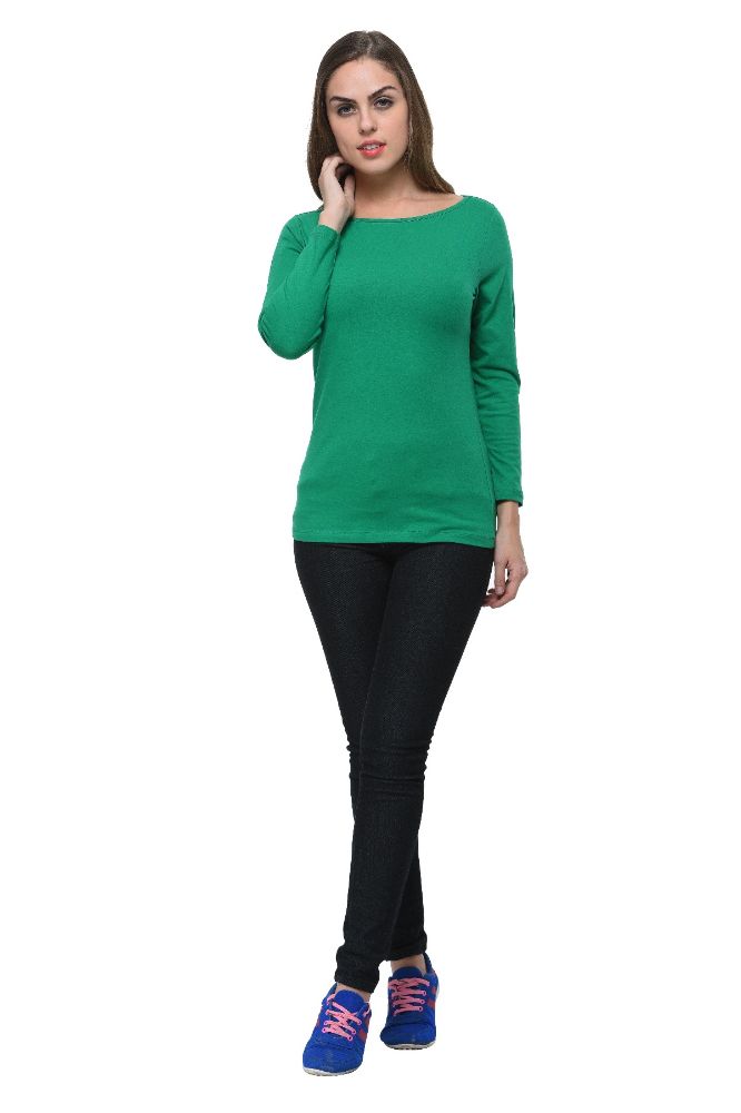 Picture of Frenchtrendz Cotton Spandex Green Boat Neck Full Sleeve Top