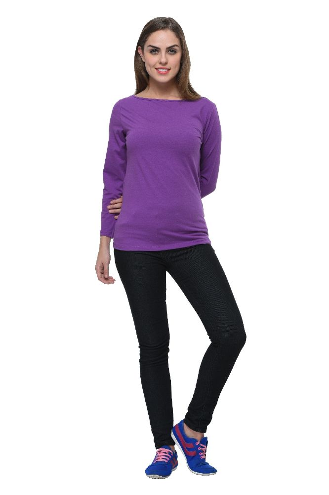 Picture of Frenchtrendz Cotton Spandex Light Purple Boat Neck Full Sleeve Top