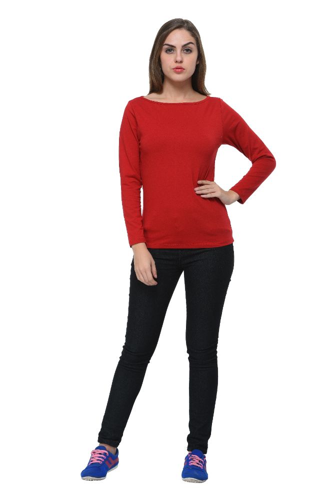 Picture of Frenchtrendz Cotton Spandex Maroon Boat Neck Full Sleeve Top
