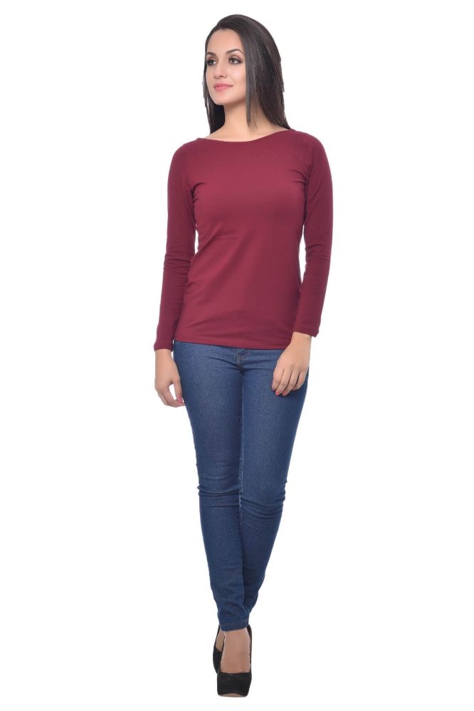 Picture of Frenchtrendz Cotton Spandex Dark Maroon Boat Neck Full Sleeve Top