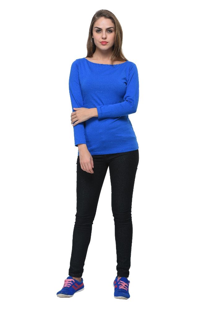 Picture of Frenchtrendz Cotton Spandex Blue Boat Neck Full Sleeve Top
